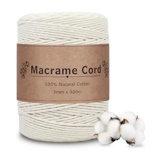 Produktbild: VORHOT Makramee Garn 3mm x 300m Beige, Makramee Baumwollgarn 3mm, Baumwollkordel Natur, Baumwoll Bastelschnur für DIY Handwerk Basteln Stricken Boho Deko Wandbehang Dekoration Wohnzimmer Balkon