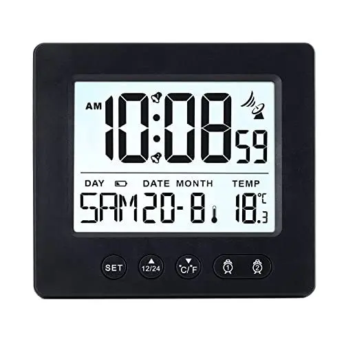Produktbild: VORRINC Digitaler Funkwecker Mit Zwei Unabhängige Wecker,Schlummerfunktion,Hintergrundbeleuchtung,Datum,Woche,Temperatur,Funkuhr Automatische Einstellung Sommer-BZW.Winterzeit,Schwarz