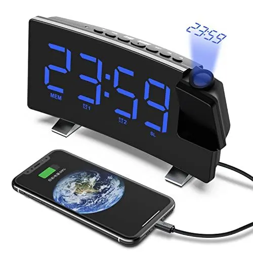 Produktbild: VORRINC Projektionswecker, Digital Wecker Radiowecker mit Projektion 180 °, USB-Anschluss Doppelalarme Snooze 12 / 24H, 3 Projektionshelligkeit mit Automatischem Dimmer, für Schlafzimmer Decke (Blau)