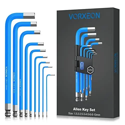 Produktbild: VORXEON Innensechskantschlüssel Satz 9tlg 1.5-10mm Innensechskant Sechskantschlüssel Set Cr-V-Stahl & S2 Stahl mit Kugelkopf Klapphalter Farbcodierung für Reparatur von Fahrrad Auto Motorrad