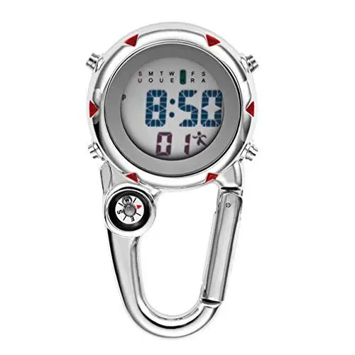 Produktbild: VOSAREA Karabiner Uhr Digital Sportuhren Angeln Wandern Klettern Mini Taschenuhr mit Kompass Camping Outdoor Activities Ärzte Krankenschwestern Rot
