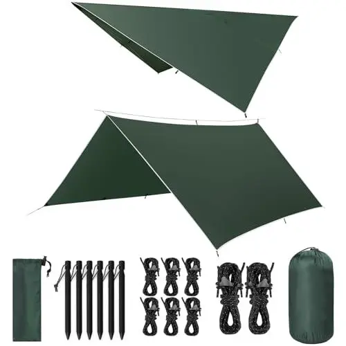 Produktbild: VOSOIR Tarp 3x3M Wasserdicht, Ultraleicht Camping Zeltplane, mit 9 Öse+6 Aluminiumstifte+8 Nylonseile, Anti-UV Schnee Regen Schutz, Leicht Kompakt für Hängematte Camping Picknick Wandern(Dunkelgrün)