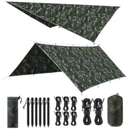Produktbild: VOSOIR Tarp 3x4M Wasserdicht, Ultraleicht Camping Zeltplane, mit 15 Öse+6 Aluminiumstifte+8 Nylonseile, Anti-UV Schnee Regen Schutz, Leicht Kompakt, für Hängematte Camping Picknick(Tarnung)