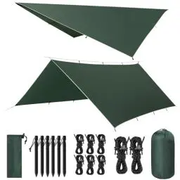 Produktbild: VOSOIR Tarp 3x4M Wasserdicht, Ultraleicht Camping Zeltplane, mit 15 Öse+6 Aluminiumstifte+8 Nylonseile, Anti-UV Schnee Regen Schutz, Leicht Kompakt für Hängematte Camping Picknick Wandern(Dunkelgrün)