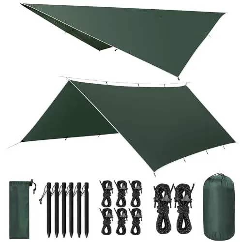 Produktbild: VOSOIR Tarp 3x4M Wasserdicht, Ultraleicht Camping Zeltplane, mit 15 Öse+6 Aluminiumstifte+8 Nylonseile, Anti-UV Schnee Regen Schutz, Leicht Kompakt für Hängematte Camping Picknick Wandern(Dunkelgrün)