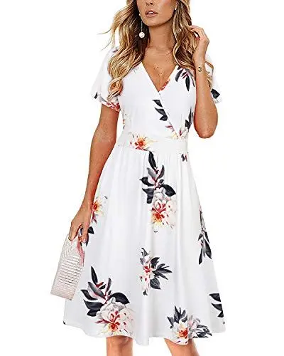 Produktbild: VOTEPRETTY Sommerkleid Damen Knielang Kleid Sommer V Ausschnitt Wickelkleid Kurzarm Midikleid mit Taschen