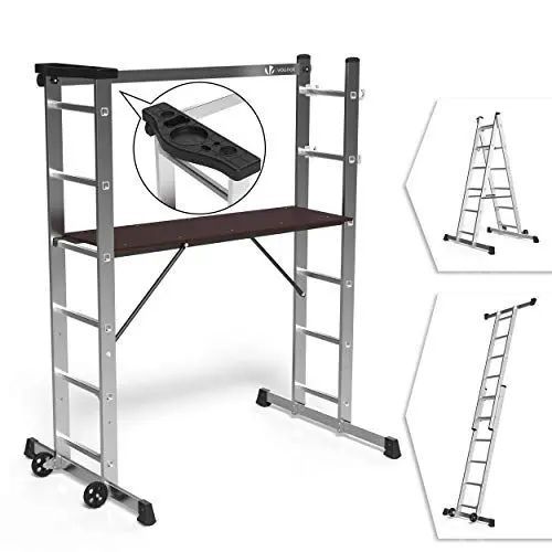 Produktbild: VOUNOT Alu Leitergerüst 3 in 1, Baugerüst Alugerüst Gerüst, Aluminium Leiter und Gerüst, Arbeitsbühne bis 150KG Belastbar, 2x6 Sprossen