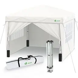 Produktbild: VOUNOT Pavillon 3x3m mit 4 Seitenteilen & Sandsäcke, Pop Up Faltpavillon, Faltbar Gartenzelt Partyzelt, inkl. Tasche Weiß