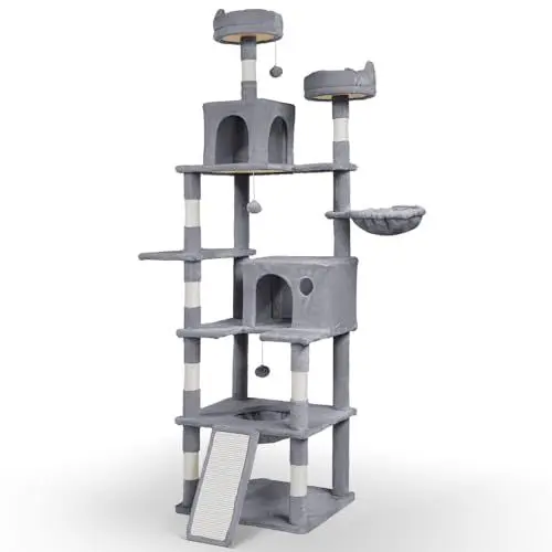 Produktbild: VOUNOT XXL Katzenbaum 215cm, mehrstöckiger Katzenmöbel, Stabiler Katzenbaum, Katzenkratzbaum mit Korb Hängematte, Plüschbälle, Dicke stämme, Kletterbaum für Katzen, Beige