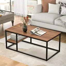 Produktbild: VOWNER Couchtisch, Wohnzimmertisch, Couchtisch mit Stahlgestell und Ablagen, Industrie-Design, Skandinavischer Stil, Einfache Aufbau, Sofatisch aus Holz, Beistelltisch, Walnuss Farbe
