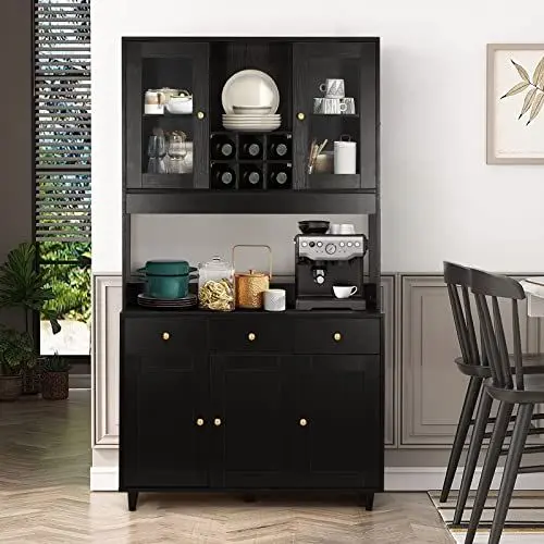 Produktbild: VOWNER Küchenschrank, Buffetschrank, Küchenbuffet, Vitrinenschrank, Mehrzweckschrank, Hochschrank mit 5 Schränken, Esszimmerschrank, Verstellbaren Ablagen, Spanplatte, 100 x 38 x 181cm, Schwarz