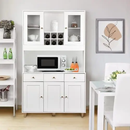 Produktbild: VOWNER Küchenschrank, Hochschrank Küchenbuffet mit 5 Schränken, Vitrinenschrank, Buffetschrank mit Verstellbaren Ablagen, Esszimmerschrank mit Schubladen, MDF, Spanplatte, Weiß 100 x 38 x 181cm