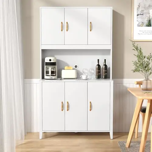 Produktbild: VOWNER Küchenschrank, Küchenbuffet Buffetschrank mit 6 Schränken, Vitrinenschrank, Hochschrank mit Verstellbaren Ablagen, Esszimmerschrank mit Schubladen, 100 x 40 x 181cm, Weiß