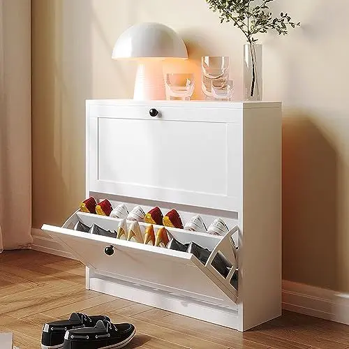 Produktbild: VOWNER Schuhschrank mit 2 Klappen, Schuhregal Schuhkipper Schmal, mit 4 Fächern, Schuhschrank Weiss, Verstellbar, Anti-Kipp-Vorrichtung für Eingangsbereich, Flur, 80 x 24 x 80 cm