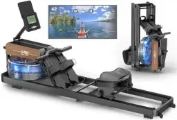 Produktbild: VOWVIT Rudergerät für Zuhause, Rudergerät Wasser mit Bluetooth Monitor, faltbares Rudergerät, Rudergeräte mit Verstellbarer Tablethalterung, 160 kg Gewichtskapazität (Schwarz)