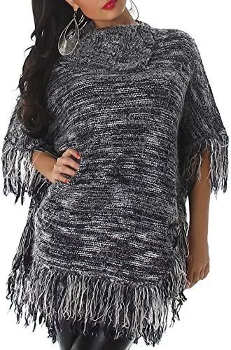 Produktbild: Voyelles Damen Poncho Ponchopullover Umhang Cape Fransen Hairy warm weich kuschelig Rollkragen Deko-Knöpfe, Schwarz - Weiß 36 38 40 42