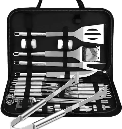 Produktbild: Vpcok Direct Grillbesteck 33 PCS BBQ Grill Zubehör Edelstahl BBQ Grillbesteck Set für Camping/Garten Grillzange aus Edelstahl und Tragetasche(MEHRWEG)