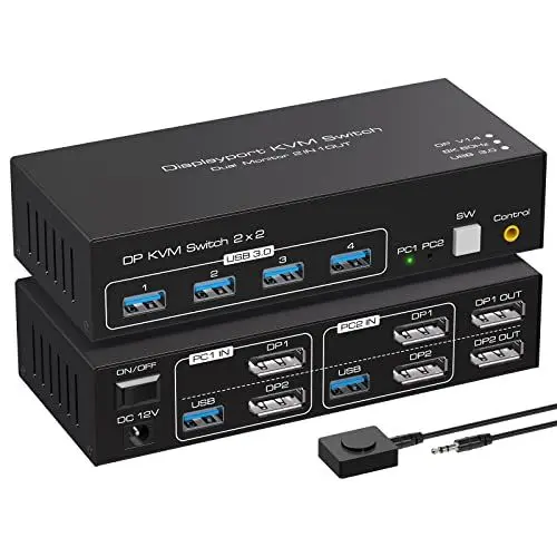 Produktbild: VPFET 4K120Hz Displayport KVM Switch 2 PC 2 Monitore 8K60Hz Dual Monitor DP 1.4 Switches for 2 Computers Teilen 4 USB 3.0 Geräte mit 2 USB 3.0 Kable und Desktop Controller
