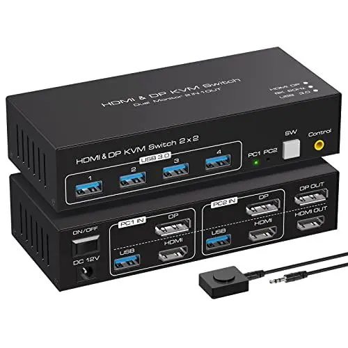 Produktbild: VPFET 4K120Hz HDMI Displayport KVM Switch 2 pc 2 Monitore 8K60Hz Dual Monitor KVM Switches für 2 pc teilen sich 2 Monitore und 4USB 3.0 Unterstützung Kopieren und Erweitern Modus
