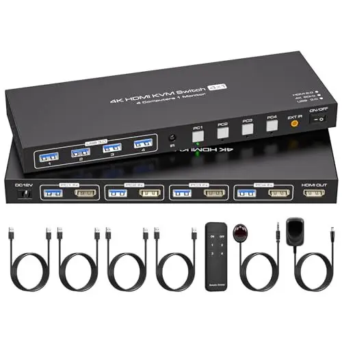 Produktbild: VPFET USB 3.0 HDMI KVM Switch 4 PC 1 Monitore 4K60Hz 4 Port HDMI 2.0 KVM Switches Aktie 4 USB 3.0 Devices Unterstützt EDID-Montage Mit DC12V-Netzadapter und 4 USB 3.0-Kabel
