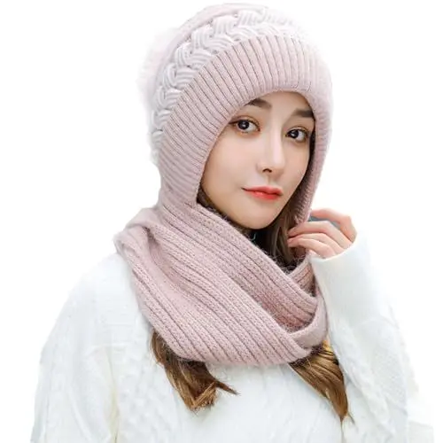 Produktbild: Vpoofree Dame Set Mütze+Schal Kopfbedeckung Winter Warm Dick Winterset für Damen bestehend aus Schal und Wintermütze, Beanie, Damenschal als Winter-Schal (Rosa Dame Set Mütze+ Schal)