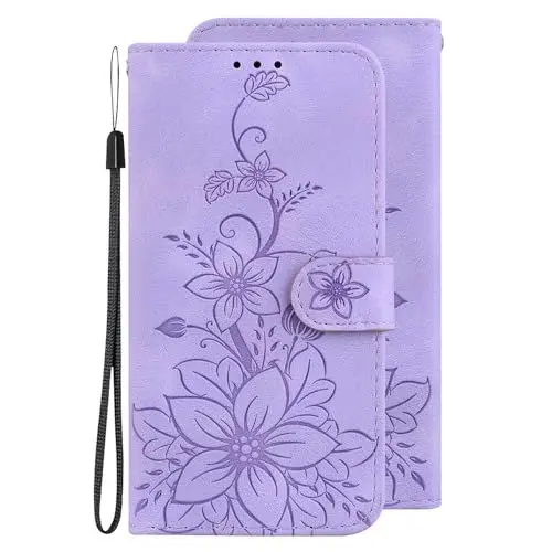 Produktbild: VQWQ Geldbörse Hülle Compatible with Oppo Realme 9 Pro - Blume Einfarbig Klapphülle Tasche Cover Stand Magnet Kreditkartenfach Schlüsselband Leder Purse Case Oppo Realme 9 Pro (BHH) -Purple