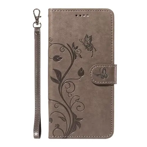 Produktbild: VQWQ Geldbörse Hülle Compatible with Samsung Galaxy 25 5G - Schmetterling Blume Wallet Klapphülle Handytasche Cover Kreditkartenfach Leder Purse Case Samsung Galaxy 25 5G / Galaxy A24 4G (XHS) -Grey