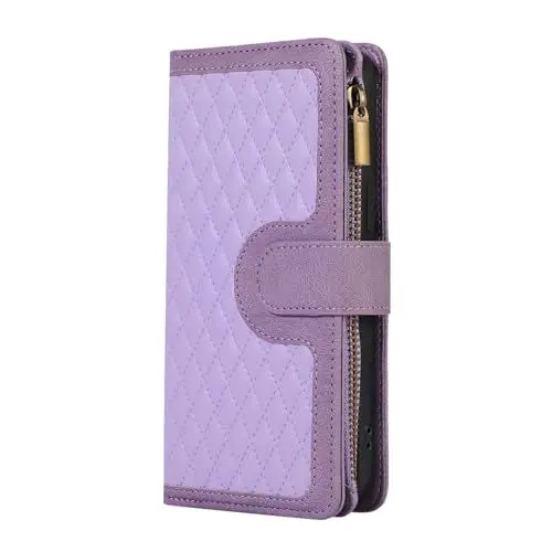 Produktbild: VQWQ Geldbörse Hülle Compatible with Samsung Galaxy A24 4G - Rhombic Reißverschluss Klapphülle Tasche Cover Magnet Kreditkartenfach Schlüsselband Leder Purse Case Samsung Galaxy A24 4G (CHX) -Purple