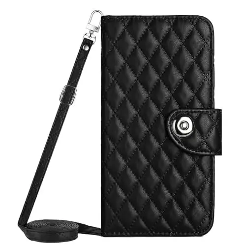 Produktbild: VQWQ Handyhülle Compatible with Samsung Galaxy A24 4G - zum Umhängen Gitter Leder Klapphülle Ständ Metall-Knopf Kartenschlitz Magnet + Silikon Flip Schutzhülle für Samsung Galaxy A24 4G (by) -Black