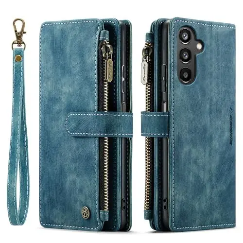 Produktbild: VQWQ Ledertasche Compatible with Samsung Galaxy A24 4G - Lanyard Reißverschluss Handyhülle Kartenhalter Brieftasche Kickstand Metallknopf Schutzhülle für Samsung Galaxy A24 4G (C30) -Blue