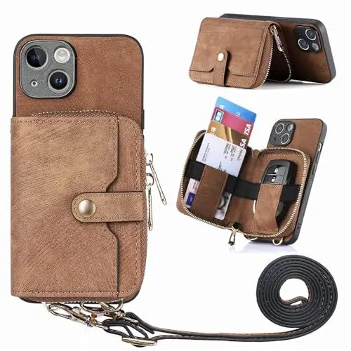 Produktbild: VQWQ Reißverschluss Wallet Case Compatible with Samsung Galaxy A24 - zum Umhängen Handyhülle Kartenhalter Anti-Schock Stand Metall-Knopf Lederhülle für Samsung Galaxy A24 (D3) -Brown
