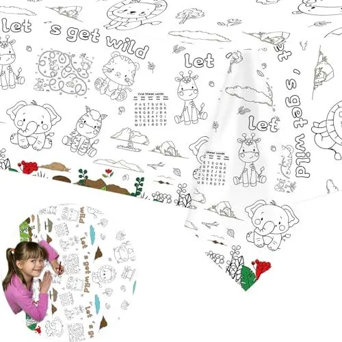 Produktbild: VReder Maltischdecke, 137 x 274 cm, Einweg-Party-Papier, handbemalte Tischdecke für Kinder, Aktivität, Ostern, Urlaub, Party-Dekoration (Waldtiere)