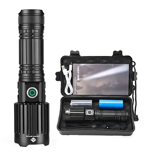 Produktbild: VRMAO BROS Taschenlampe Batteriebetrieben Taschenlampe Led Aufladbar,5000lumen Extrem Hell Handlampe IPX5 Wasserdicht,Taktische Taschenlampen 5 Lichtmodi Zoombarer mit 5000mah Akku (Schwarz)