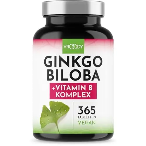 Produktbild: VROODY Ginkgo Biloba Extrakt hochdosiert - mit Vitamin B12 trägt zur Verringerung von Müdigkeit und Ermüdung bei - 365 kleine Tabletten die leicht einzunehmen sind