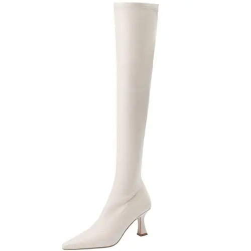Produktbild: Vrupons elegante, elastische Overknee-Stiefel für Damen mit dünnen Absätzen und seitlichen Reißverschlüssen (Beige, 38)