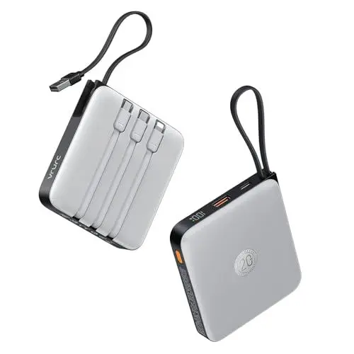 Produktbild: VRURC Power Bank 20000mAh mit Kabel Klein USB C Powerbank Schnelles Aufladen Mini Tragbares Ladegerät Externer Akku Klein und leicht mit 4 Ausgänge 3 Eingänge LED-Anzeige für iPhone Huawei Samsung usw