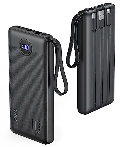 Produktbild: VRURC Powerbank mit Kabel 10000mAh Power Bank Tragbares Ladegerät USB C Externe Handyakkus LED Display mit 5 Ausgängen 2 Eingänge Externer Akku Kompatibel mit iPhone/Huawei/Samsung Smartphone iPad usw