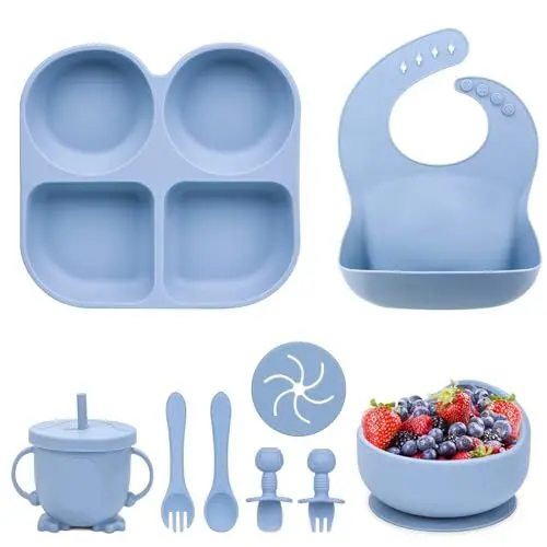 Produktbild: VSIFEHSO Geschirr-sets für Baby 9-teiliges Baby Kindergeschirr Set mit Lätzchen Essteller Schüssel Tasse Löffel Gabel Safe BPA-frei Spülmaschine und Mikrowelle