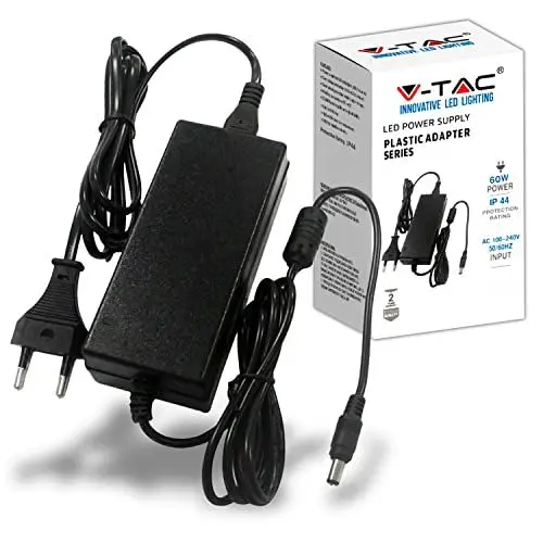 Produktbild: V-TAC 12V 60W 5A Netzteil für Kameras, LED-Streifen, Modems — 12-V-Ladetransformator — 2-poliger EU-Stecker für elektronische Geräte — Wechselstrom 100-240 V 50/60 Hz — Schwarz (Energieklasse F)