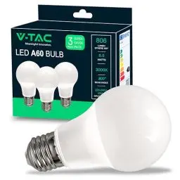 Produktbild: V-TAC LED Glühbirne E27 8, 5W (entspricht 60W) A60-806Lumen - Maximale Effizienz und Energieeinsparung Lampe 3000K Warmweiß - Glühlampen - 3 Stück, VT-1900