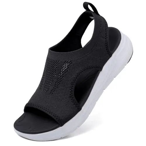 Produktbild: VTASQ Sandalen Damen Sommer Outdoor Orthopädische Sandalen Stricken Leichte Turnschuhe Sandalen Open Toe Wedges Strand im Freien Dicke Boden Sandalen Schwarz Weiß EU 41