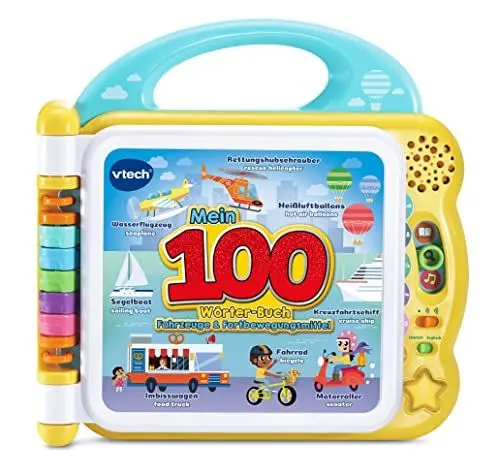 Produktbild: VTech Baby Mein 100-Wörter-Buch: Fahrzeuge und Fortbewegungsmittel – Interaktives Bilderbuch mit über 100 Wörtern auf 12 bilinguale Seiten (Deutsch-Englisch) – Für Kinder von 2-5 Jahren