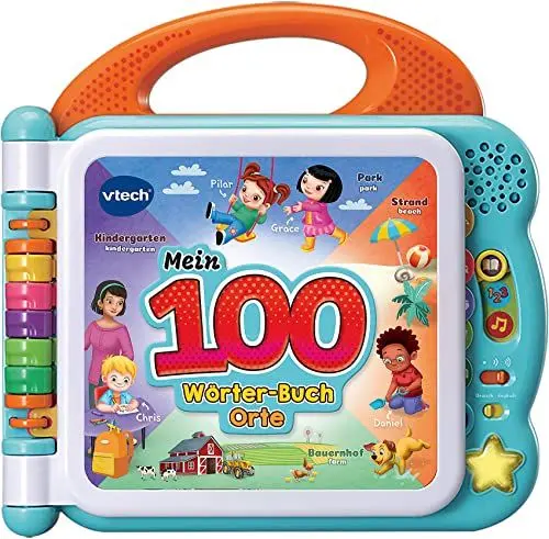 Produktbild: Vtech Baby Mein 100-Wörter-Buch: Orte – Interaktives Bilderbuch zum Lernen erster Wörter – Lernspielzeug mit 12 bilingualen Seiten in Deutsch-Englisch – Für Kinder von 2-5 Jahren