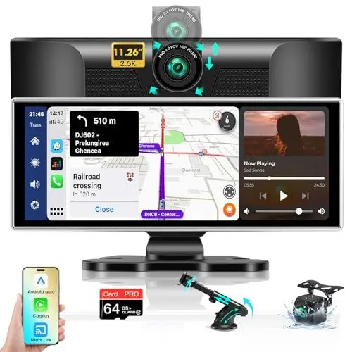 Produktbild: Vtopek 11,26-Zoll Carplay Display Wireless Apple Carplay Android Auto mit 2,5K Dashcam 1080P Rückfahrkamera Tragbarer Driveplay Carplay Autoradio mit Mirror Link Bluetooth 5.0 Siri Google 64G SD-Karte