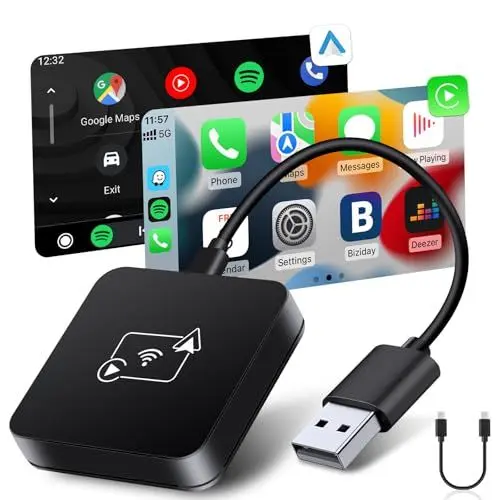 Produktbild: Vtopek Wireless Carplay Adapter 2-in-1 Android Auto & Apple Carplay Wireless Adapter Konvertieren Wired Android Auto/Carplay in Kabellos Kompatibel mit iOS 10+/Android11+ Plug & Play USB-C/A
