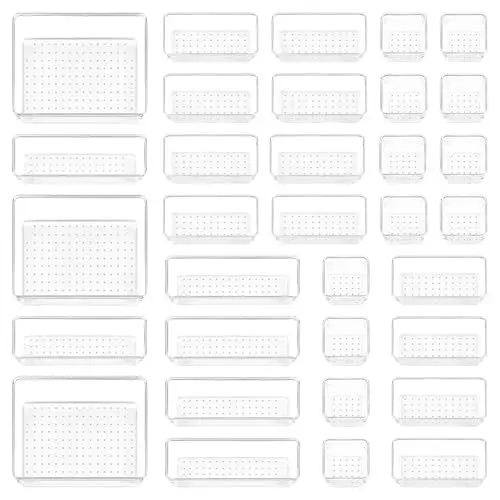 Produktbild: Vtopmart 37 Stücke Schubladen Ordnungssystem mit 4 Größen, Schubladen Organizer, Klar Kunststoff, Schminktisch, Einsetzbar für Makeup, Küchen, Bad, Büro