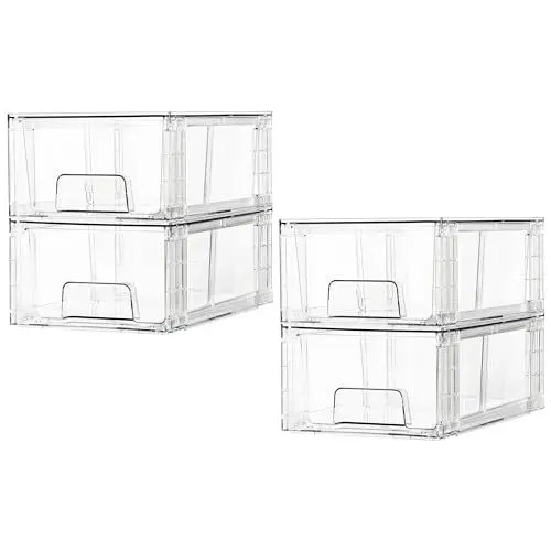 Produktbild: Vtopmart 4 Stücke Stapelbare Aufbewahrungsschubladen, durchsichtige Schubladenorganisatoren aus Acryl mit Griffen, Aufbewahrung Organizer für Kühlschrank, Badezimmer, Schrank, Speisekammer