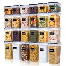 Produktbild: Vtopmart Vorratsdosen Set, Müsli Schüttdose & Frischhaltedosen, Kunststoff Vorratsdosen luftdicht, Satz mit 24, 24 Etiketten für Getreide, Mehl, Zucker usw