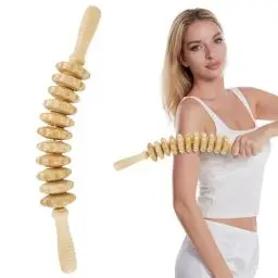 Produktbild: Vueinrg Faszienrolle Holz mit Griff Faszienstab Holz Massageroller Massagestab Faszien Cellulite Roller Wooden Massage Roller für Rücken Beine Nacken Körper (Holzfarbe, 41 cm)