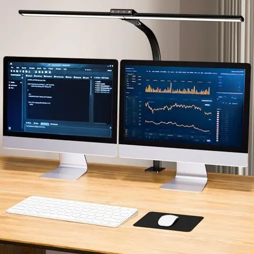 Produktbild: VUENICEE Doppelkopf Schreibtischlampe LED Dimmbar 80CM, 5 Farb 7 Helligkeitsstufen, 24W Berührungssteuerung Büro led tischlampe, Mit USB Ladefunktion, Schwanenhals Tischleuchte Klemmbar